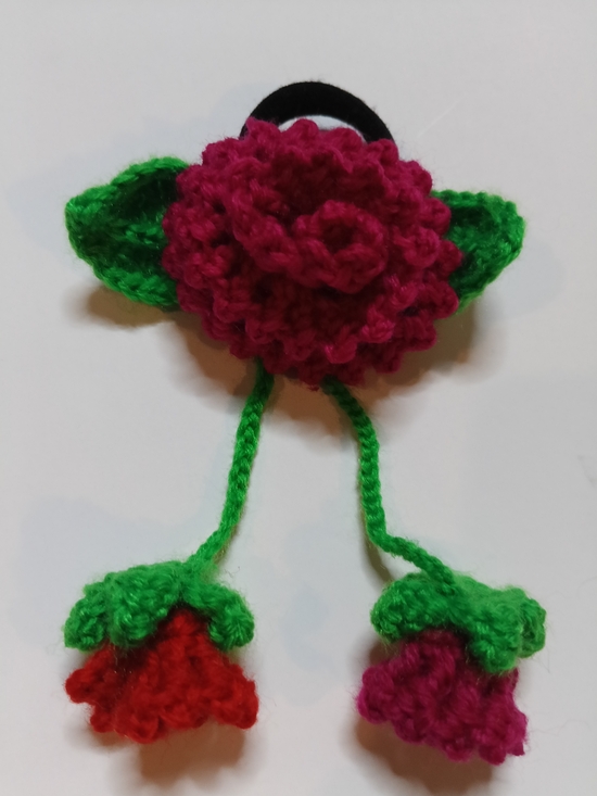 Handmade Accessories - Handcrafted Crochet Flower Hair Tie in Magenta and Green